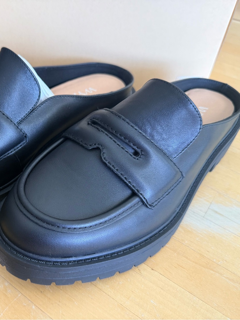 Black Leather Slip-On Loafer Mule